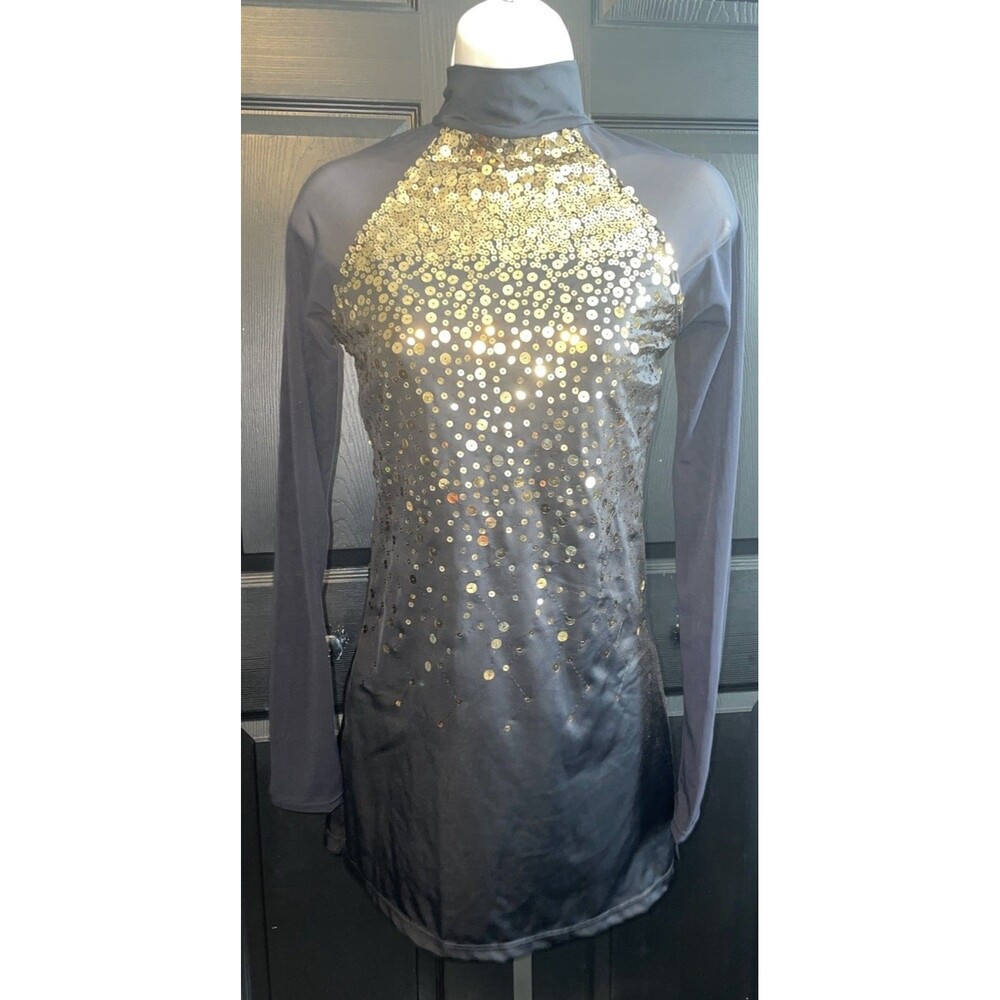 Balera Black Gold  Sequin Mesh Dance Costume Dress Long Sleeve Mock Neck